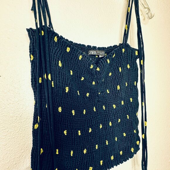 Zara Navy & Yellow Polka Dot Smocked Tube Top XS - Picture 3 of 13